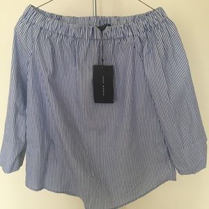 Zara Blue and White Striped Off The Shoulder Top